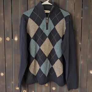 2007 Y2K Vintage J.Crew Men's L Quarter-Zip Blue Preppy Argyle Lambswool Sweater